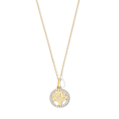 10K Solid Gold 1/8 CT. T.W. Lab-Grown Diamond Tree of Life Pendant - 16" + 2"