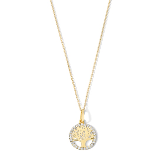 10K Solid Gold 1/8 CT. T.W. Lab-Grown Diamond Tree of Life Pendant - 16" + 2"