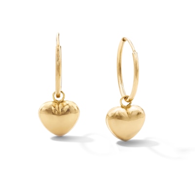 10K Gold Bonded Puffy Heart Dangle Huggie Hoop Earrings