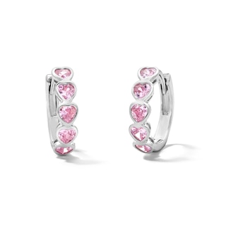 Solid Sterling Silver Pink CZ Heart Huggie Hoops