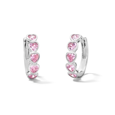Solid Sterling Silver Pink CZ Heart Huggie Hoops