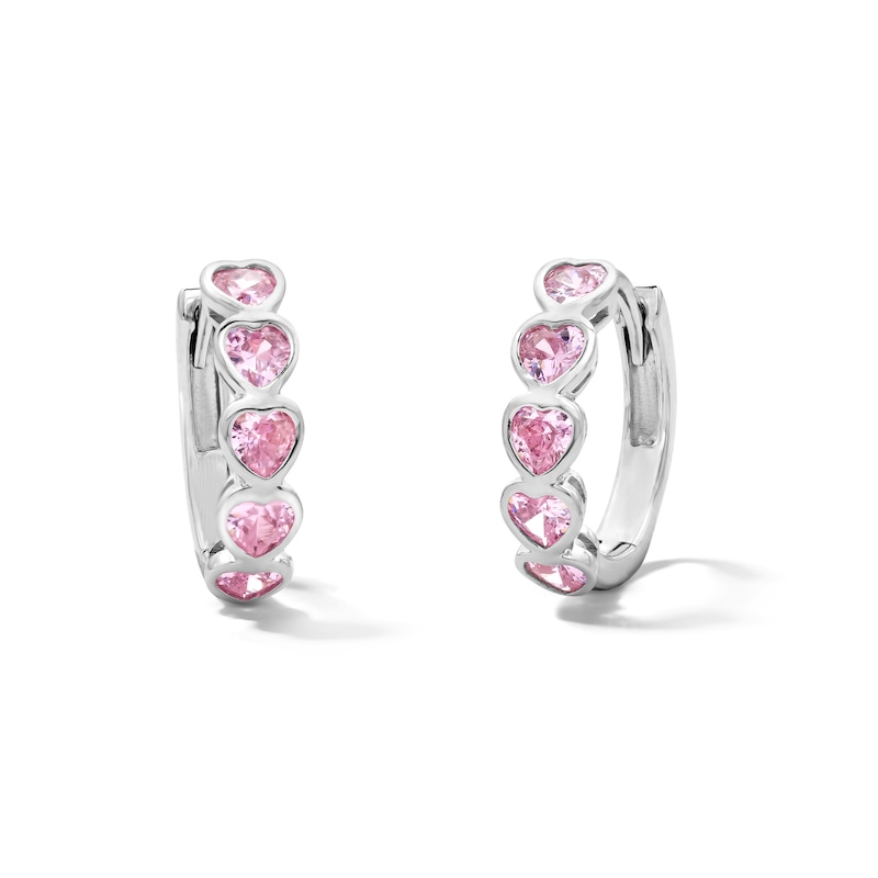 Main Image 1 of Solid Sterling Silver Pink CZ Heart Huggie Hoops