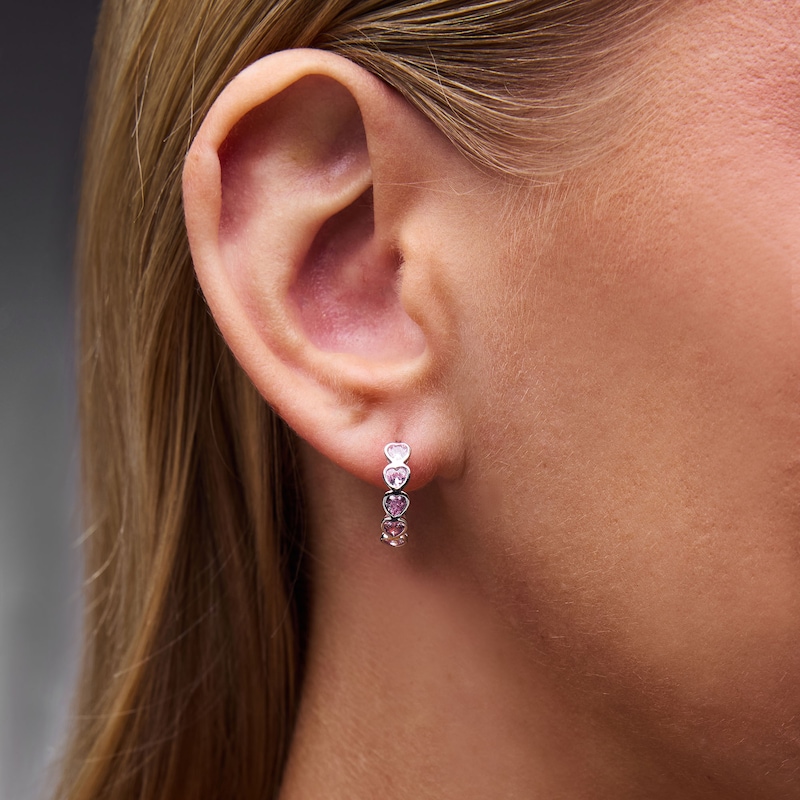 Solid Sterling Silver Pink CZ Heart Huggie Hoops