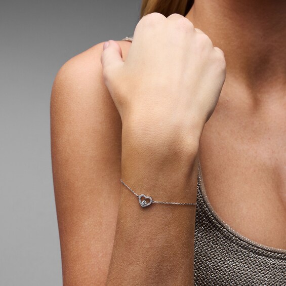 Solid Sterling Silver CZ Heart Cable Chain Bracelet - 7" + 1"