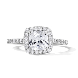 Solid Sterling Silver CZ Princess-Cut Halo Ring  - Size 7