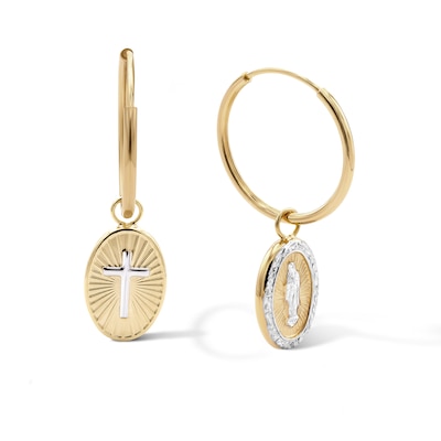 10K Gold Bonded Our Lady of Guadalupe Two-Tone Huggie Drop Hoop Earrings