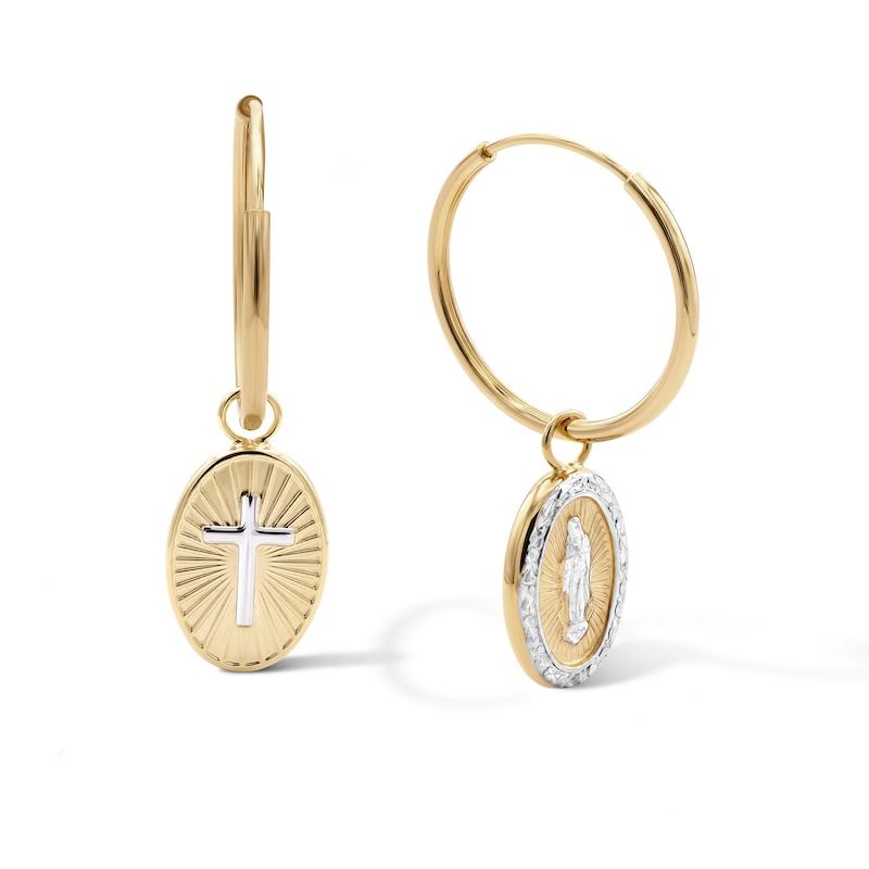 Main Image 1 of 10K Gold Bonded Our Lady of Guadalupe Two-Tone Huggie Drop Hoop Earrings