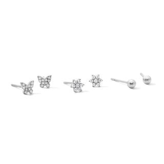 Solid Sterling Silver CZ Butterfly, Flower and Ball Mini Stud Set