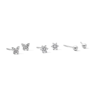 Solid Sterling Silver CZ Butterfly, Flower and Ball Mini Stud Set