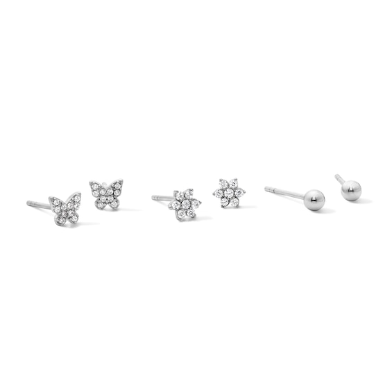 Solid Sterling Silver CZ Butterfly, Flower and Ball Mini Stud Set
