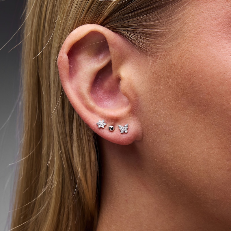 Main Image 2 of Solid Sterling Silver CZ Butterfly, Flower and Ball Mini Stud Set