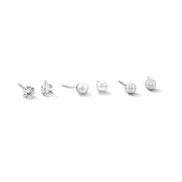 Solid Sterling Silver Freshwater Cultured Pearl, Solitaire CZ, and Ball Stud Set