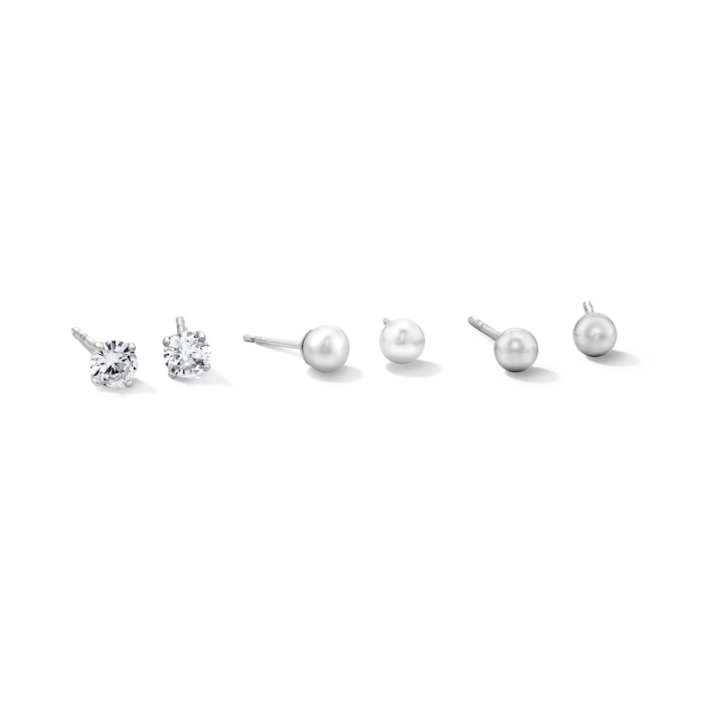 Main Image 1 of Solid Sterling Silver Freshwater Cultured Pearl, Solitaire CZ, and Ball Stud Set