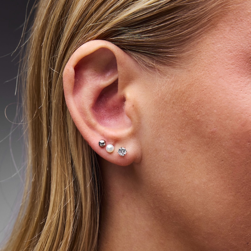 Main Image 2 of Solid Sterling Silver Freshwater Cultured Pearl, Solitaire CZ, and Ball Stud Set