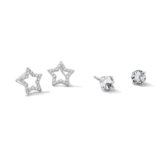 Solid Sterling Silver CZ Star and Solitaire Stud Set