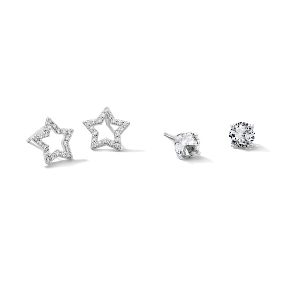 Solid Sterling Silver CZ Star and Solitaire Stud Set