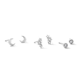 Solid Sterling Silver CZ Star, Twisted Bezel, and Moon Stud Set