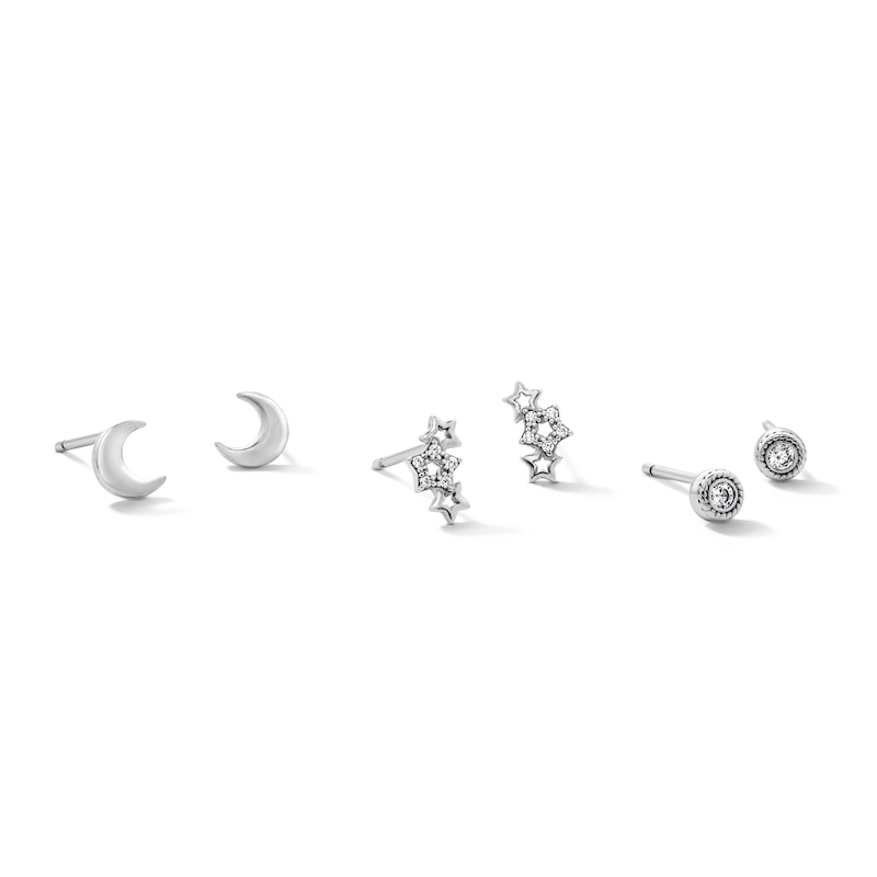 Main Image 1 of Solid Sterling Silver CZ Moon and Star Stud Set