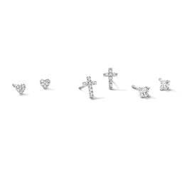 Solid Sterling Silver CZ Heart, Cross and Solitaire Stud Set