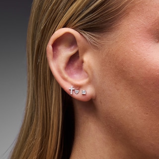 Solid Sterling Silver CZ Heart, Cross and Solitaire Stud Set