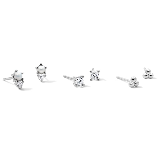 Solid Sterling Silver Simulated Pearl and CZ Stud Set