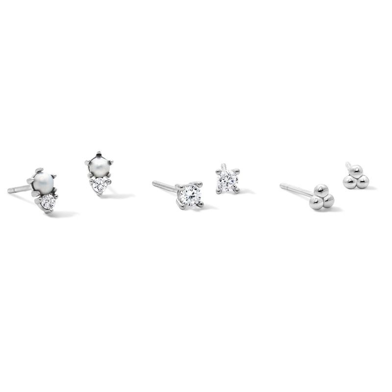 Main Image 1 of Solid Sterling Silver Simulated Pearl and CZ Stud Set