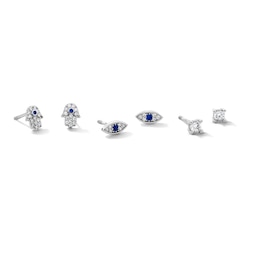 Solid Sterling Silver CZ and Lab-Created Spinel Hamsa, Evil Eye and Solitaire Stud Set
