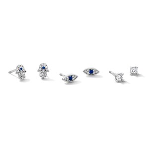 Solid Sterling Silver CZ and Lab-Created Spinel Hamsa, Evil Eye and Solitaire Stud Set