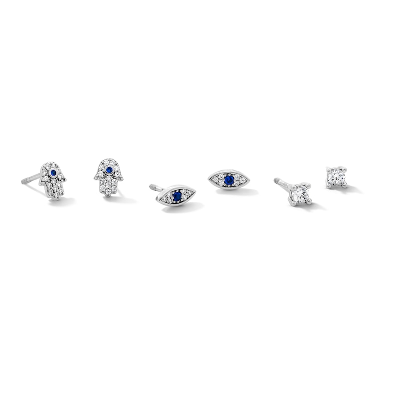 Main Image 1 of Solid Sterling Silver CZ and Lab-Created Spinel Hamsa, Evil Eye and Solitaire Stud Set