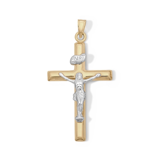 10K Hollow Gold Bonded "INRI" Crucifix Cross Two-Tone Necklace Charm