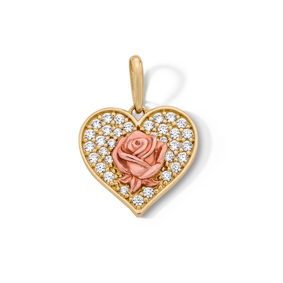 14K Gold Plated CZ Heart and Rose Two-Tone Charm