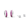 Thumbnail Image 1 of Solid Sterling Silver CZ Marquise Pink Huggie and CZ Solitaire Earrings Set