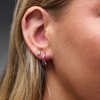 Solid Sterling Silver CZ Marquise Pink Huggie and CZ Solitaire Earrings Set