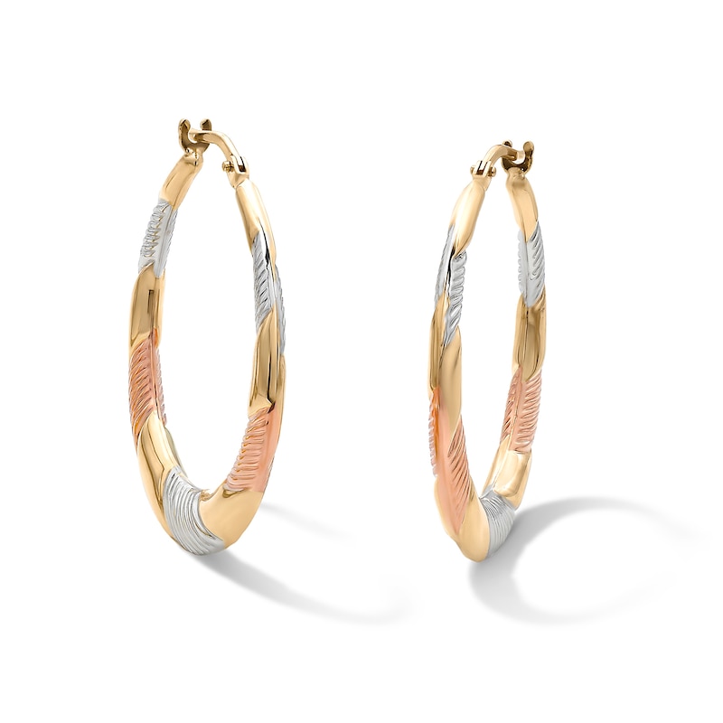 Main Image 1 of Sterling Silver and 10K Gold Bonded Tri-Tone Swirl Hoop Earrings