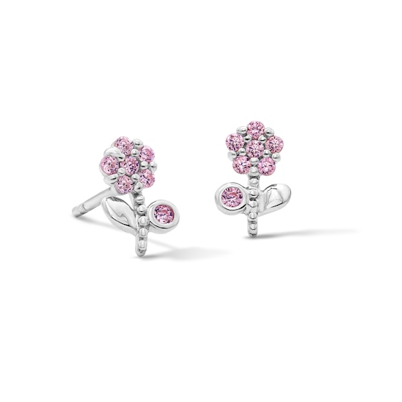 Child’s Solid Sterling Silver CZ Pink Flower Stud Earrings