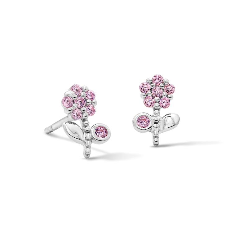 Main Image 1 of Child’s Solid Sterling Silver CZ Pink Flower Stud Earrings