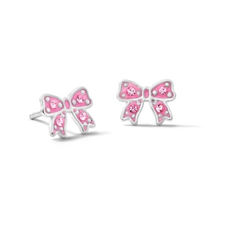 Child’s Solid Sterling Silver Pink Crystal and Resin Bow Studs