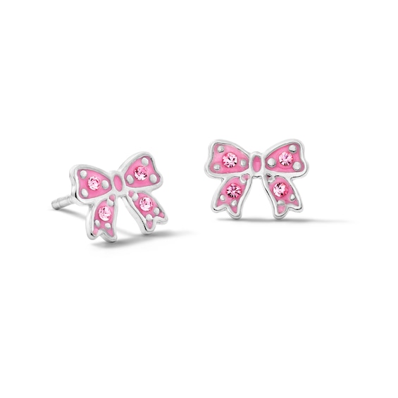 Child’s Solid Sterling Silver Pink Crystal and Resin Bow Studs