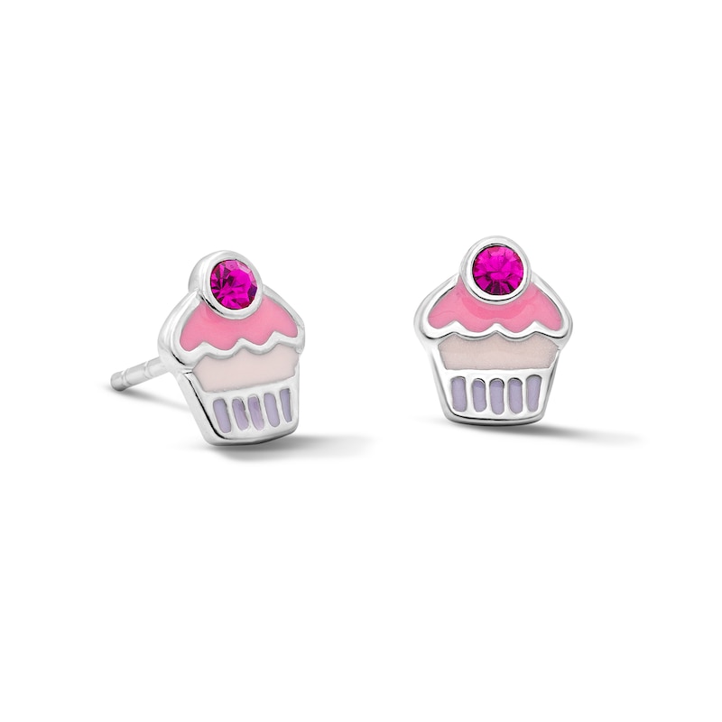 Main Image 1 of Child’s Solid Sterling Silver Pink Crystal and Resin Cupcake Studs
