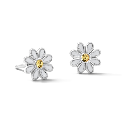 Child’s Solid Sterling Silver Yellow Crystal and Resin Flower Studs