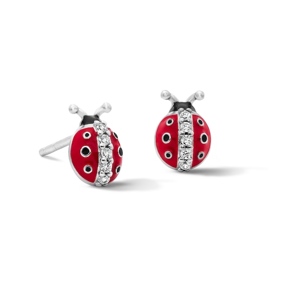 Child’s Solid Sterling Silver CZ and Resin Ladybug Studs