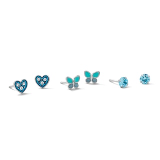 Child’s Solid Sterling Silver CZ, Crystal and Resin Heart, Butterfly and Stud Earrings Set