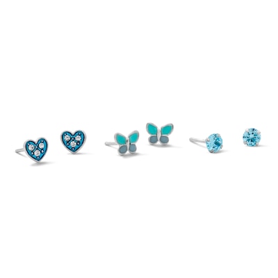 Child’s Solid Sterling Silver CZ, Crystal and Resin Heart, Butterfly and Stud Earrings Set