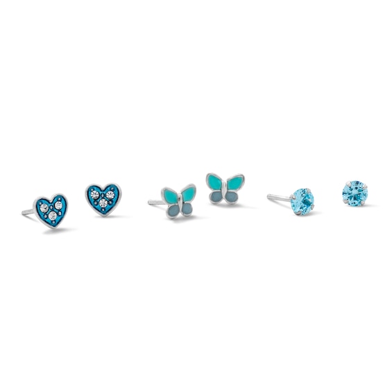 Child’s Solid Sterling Silver CZ, Crystal and Resin Heart, Butterfly and Stud Earrings Set