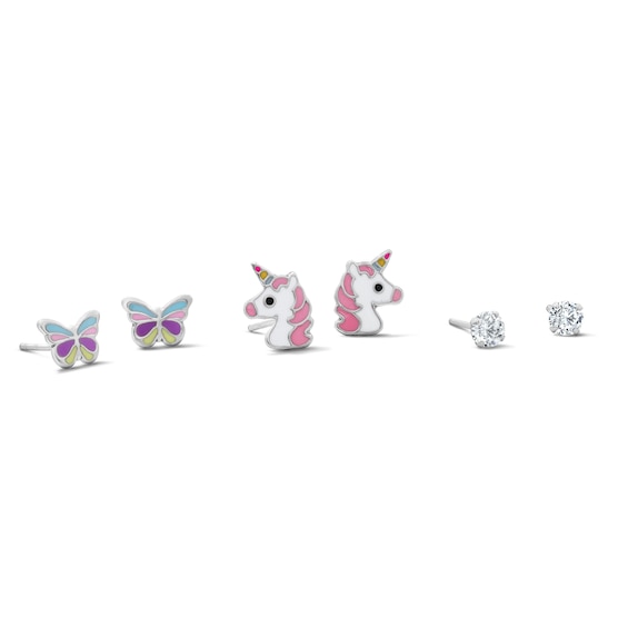 Child’s Solid Sterling Silver CZ and Resin Butterfly, Unicorn and Stud Earrings Set