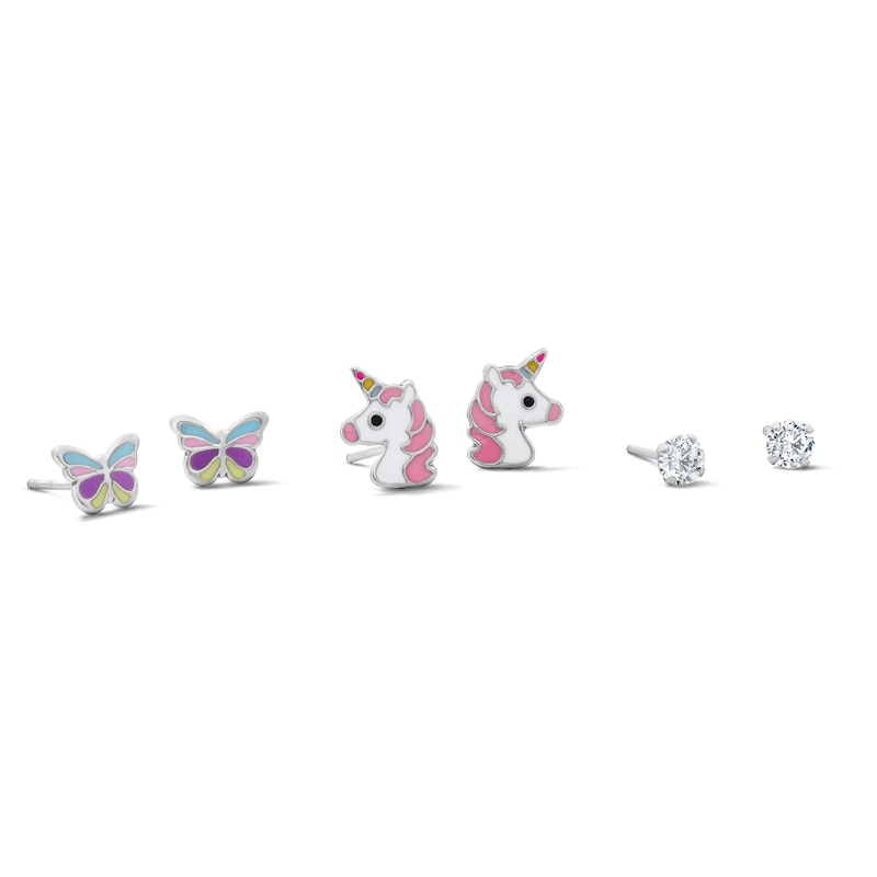 Main Image 1 of Child’s Solid Sterling Silver CZ and Resin Butterfly, Unicorn and Stud Earrings Set