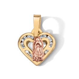 10K Semi-Solid Two-Tone Gold CZ Mini Our Lady of Guadalupe Heart Charm