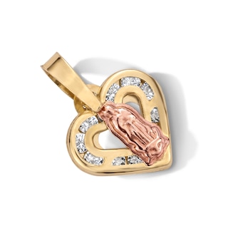 10K Semi-Solid Two-Tone Gold CZ Mini Our Lady of Guadalupe Heart Charm