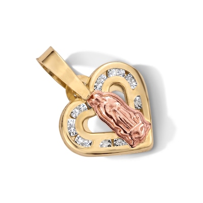 10K Semi-Solid Two-Tone Gold CZ Mini Our Lady of Guadalupe Heart Charm