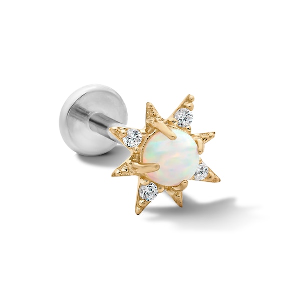 14K Hollow Gold and Titanium Simulated Opal and CZ Sun Cartilage Stud – 18G 5/16"